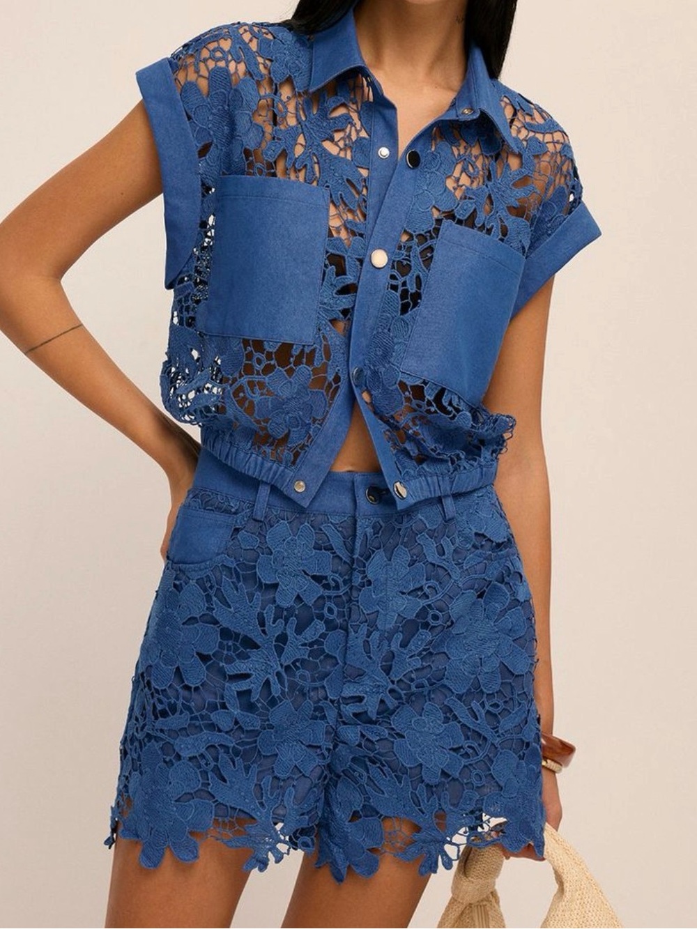 Commense Blue Crochet Floral Two-Piece Set
